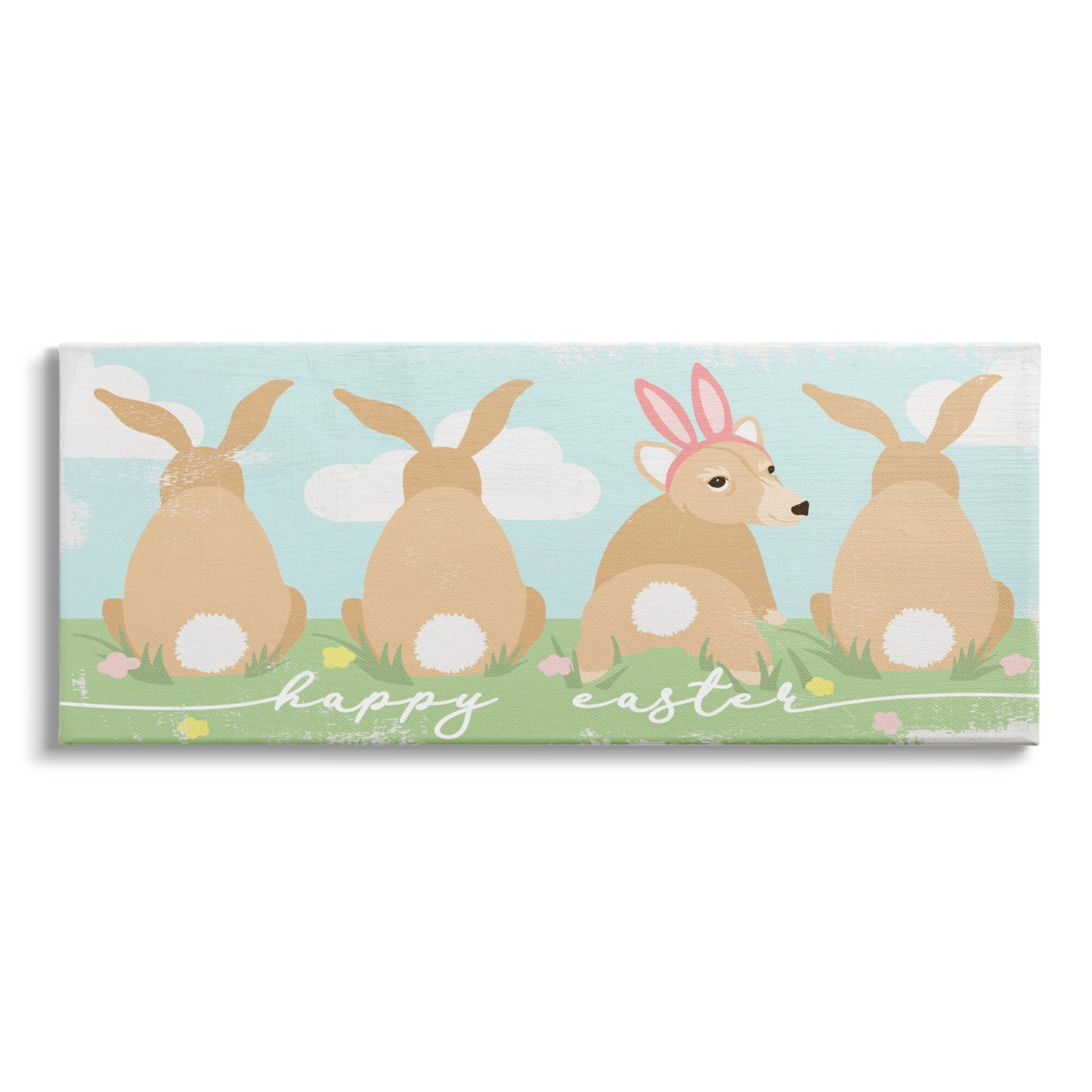 Stupell Industries Happy Easter Sentiment Bunny Tails Funny Corgi Dog Canvas Wall Art